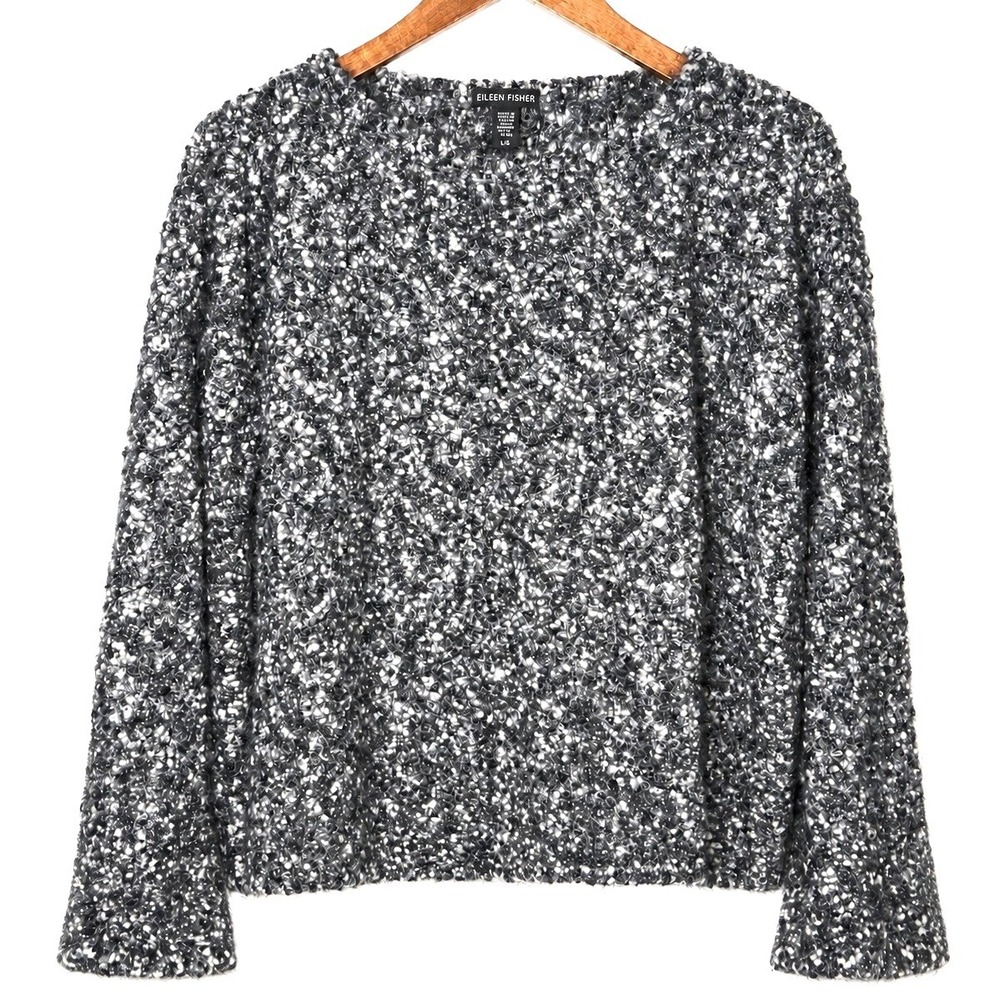 Eileen Fisher Womens L Wool Mohair Textured Boucle Knit Sweater Grey Crew Neck